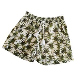 Briggs Linen Blend Pull On Stretchy Shorts Green Palm Trees Women’s Medium